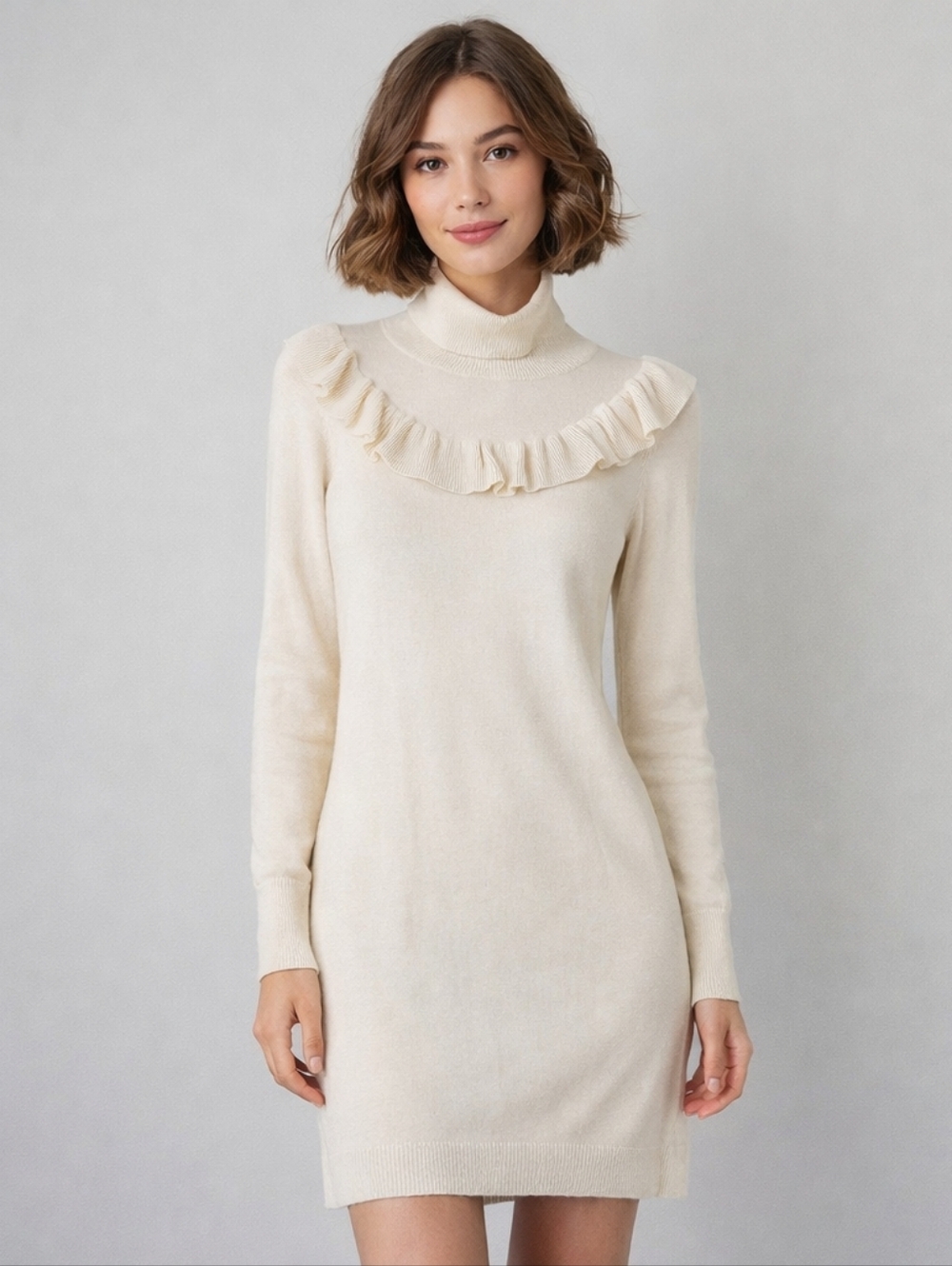 LEITH Size XS Ivory Long Sleeve Ruffle Yoke Turtleneck Sweater Dress NWT